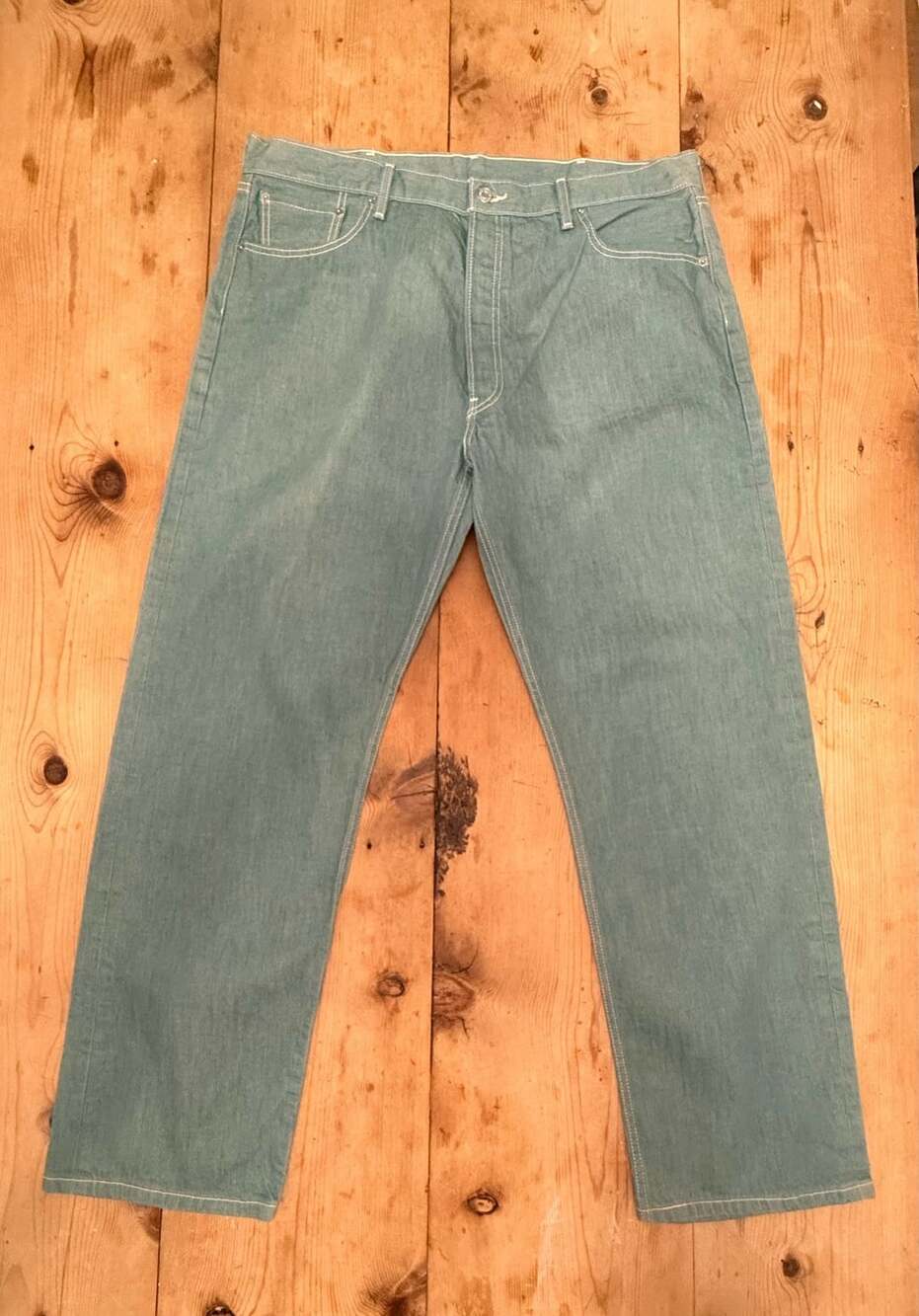 Vintage 90s Levi's 501 XX Size 42x34 Mint Green Denim Jeans.